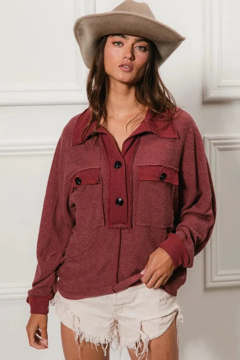 BiBi Cp French Terry Cut Edge Detail Collared Top - Fashorio