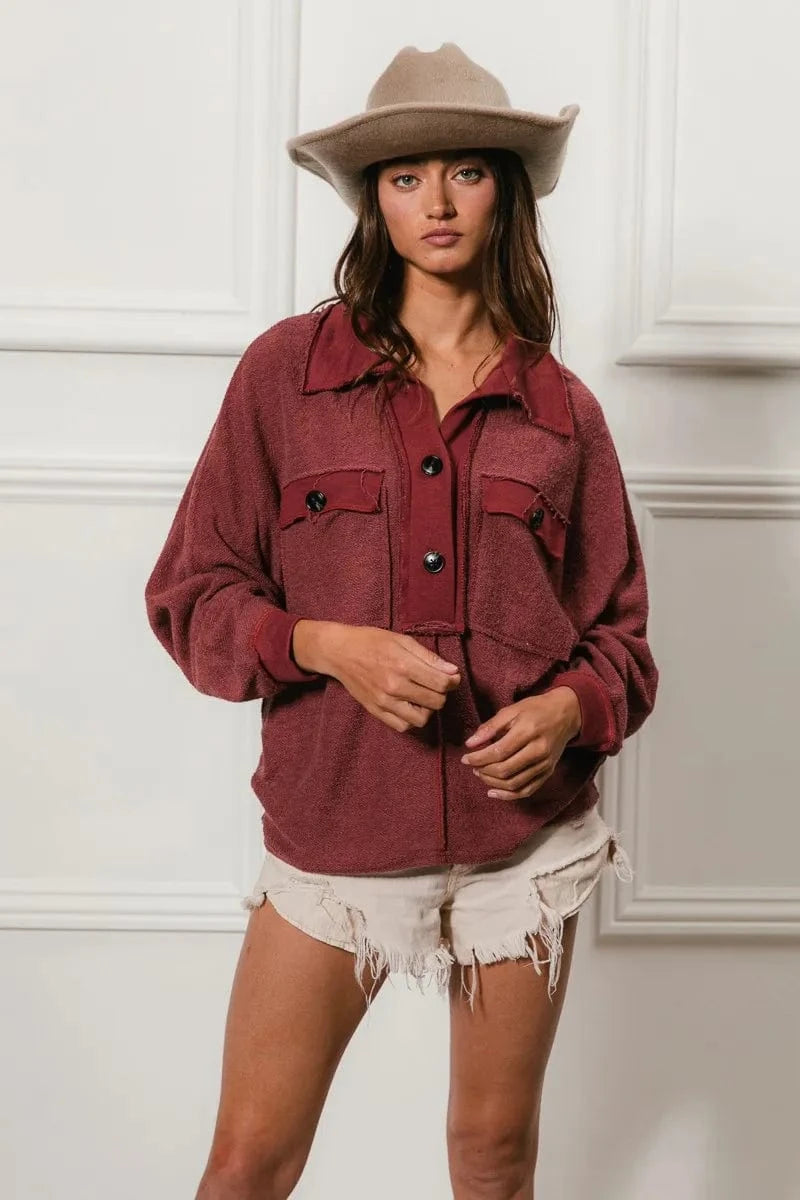 BiBi Cp French Terry Cut Edge Detail Collared Top - Fashorio