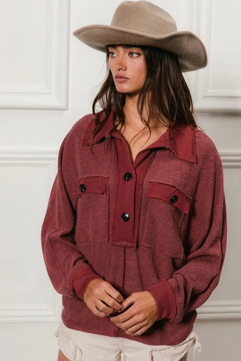 BiBi Cp French Terry Cut Edge Detail Collared Top - Fashorio