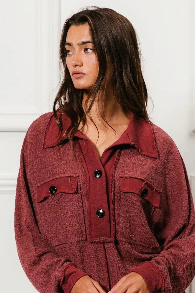 BiBi Cp French Terry Cut Edge Detail Collared Top - Fashorio
