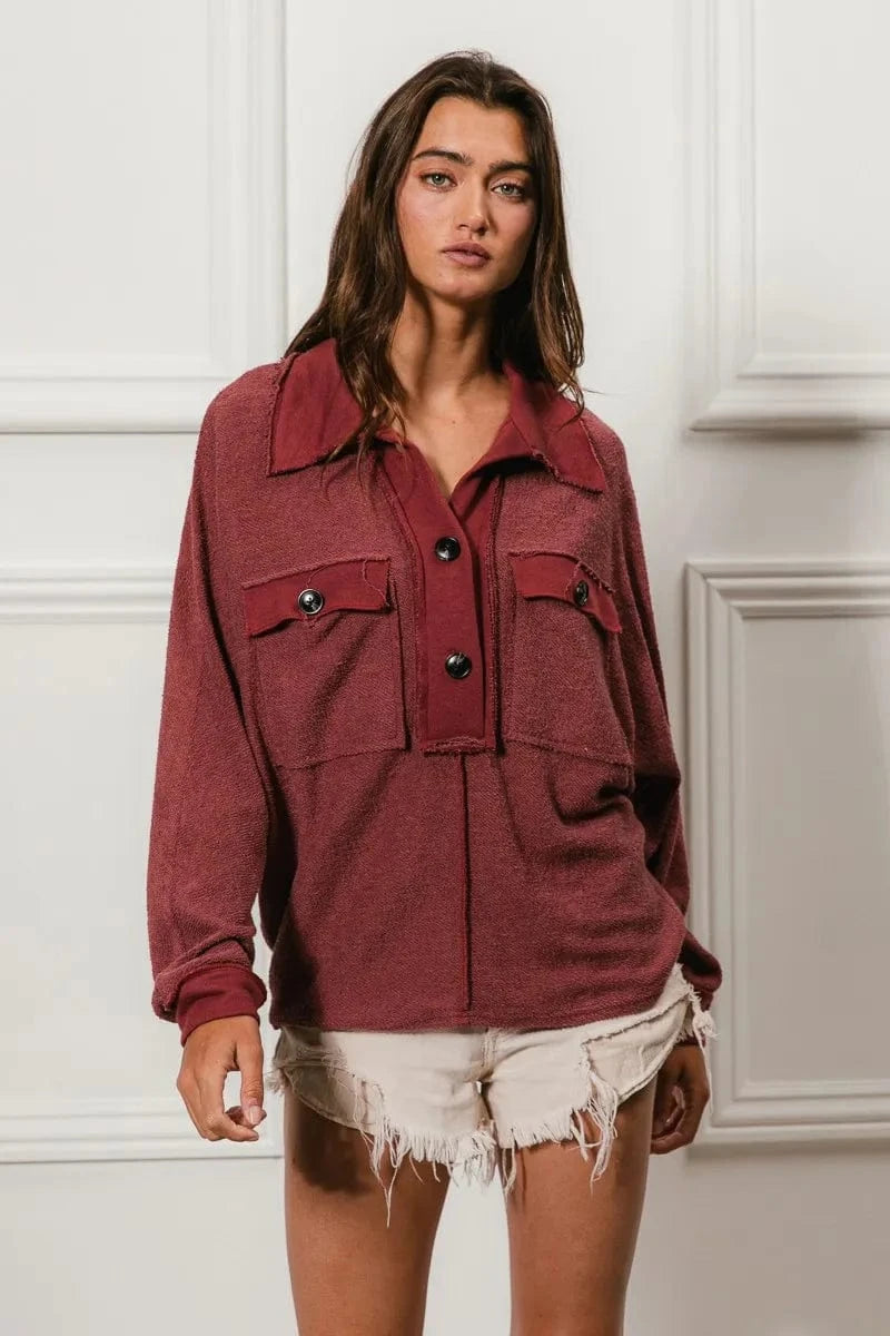 BiBi Cp French Terry Cut Edge Detail Collared Top - Fashorio