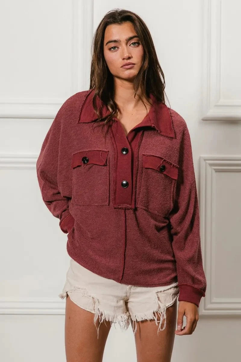 BiBi Cp French Terry Cut Edge Detail Collared Top - Fashorio
