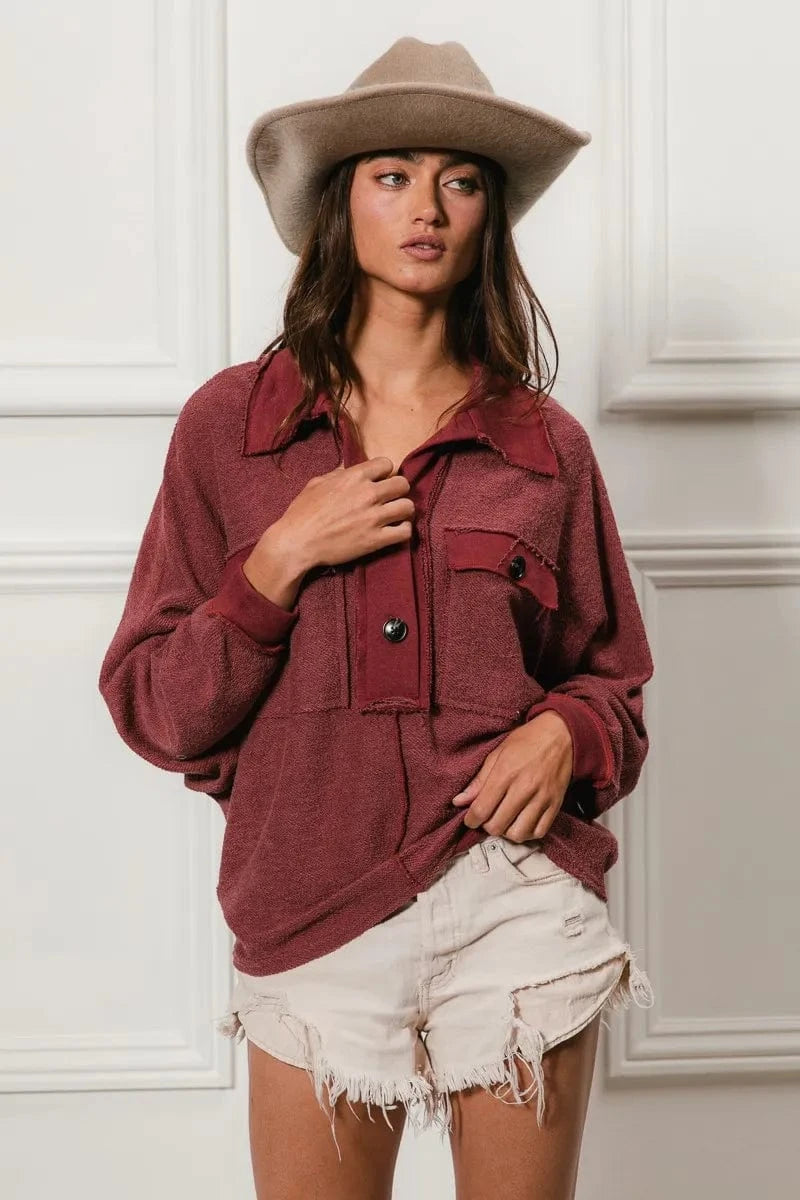 BiBi Cp French Terry Cut Edge Detail Collared Top - Fashorio