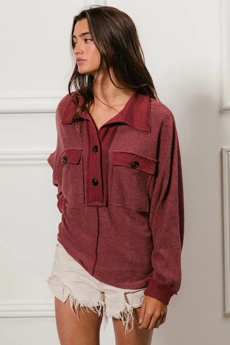 BiBi Cp French Terry Cut Edge Detail Collared Top - Fashorio