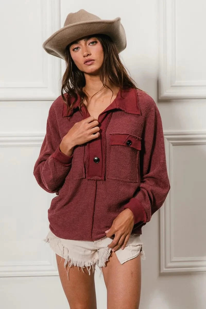 BiBi Cp French Terry Cut Edge Detail Collared Top - Fashorio