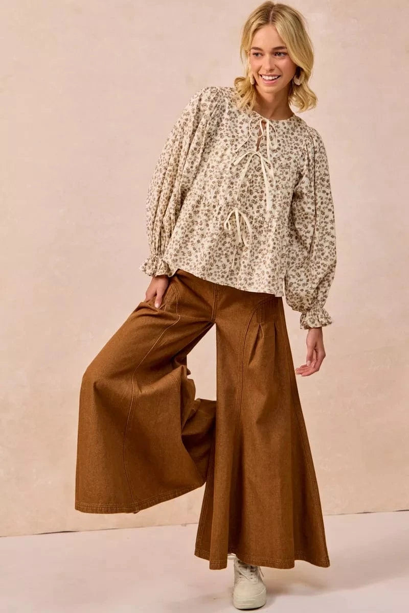 BiBi Floral Printed Peplum Blouse with Shirring and Tied - Fashorio