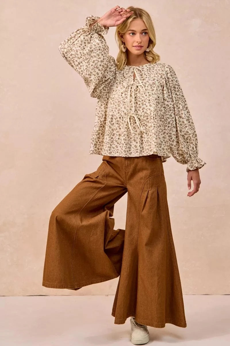 BiBi Floral Printed Peplum Blouse with Shirring and Tied - Fashorio