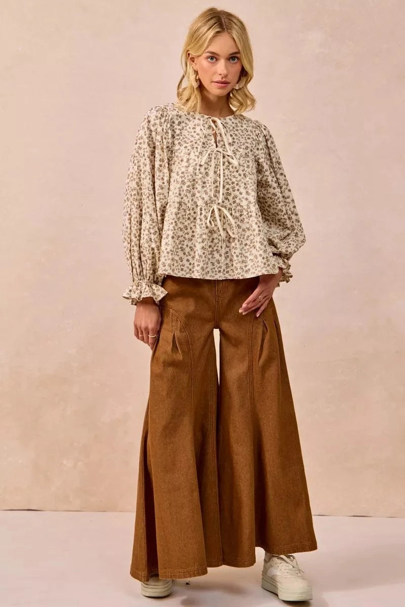 BiBi Floral Printed Peplum Blouse with Shirring and Tied - Fashorio