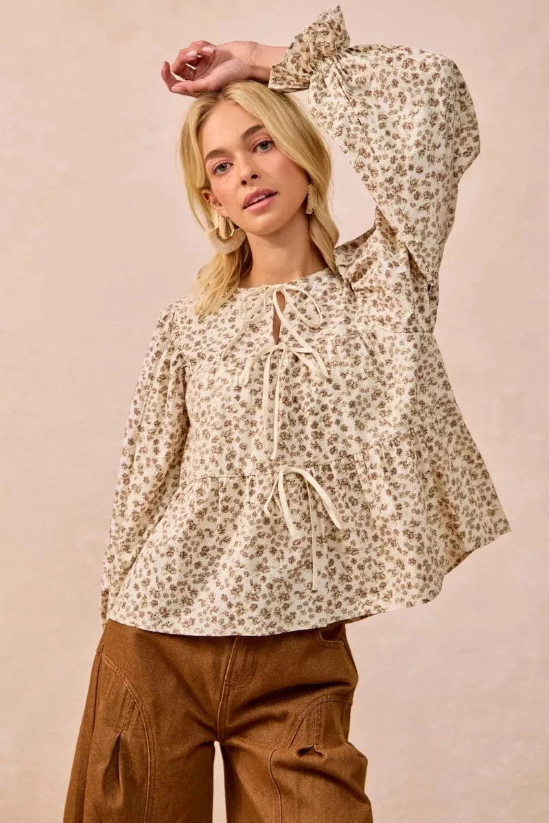 BiBi Floral Printed Peplum Blouse with Shirring and Tied - Fashorio