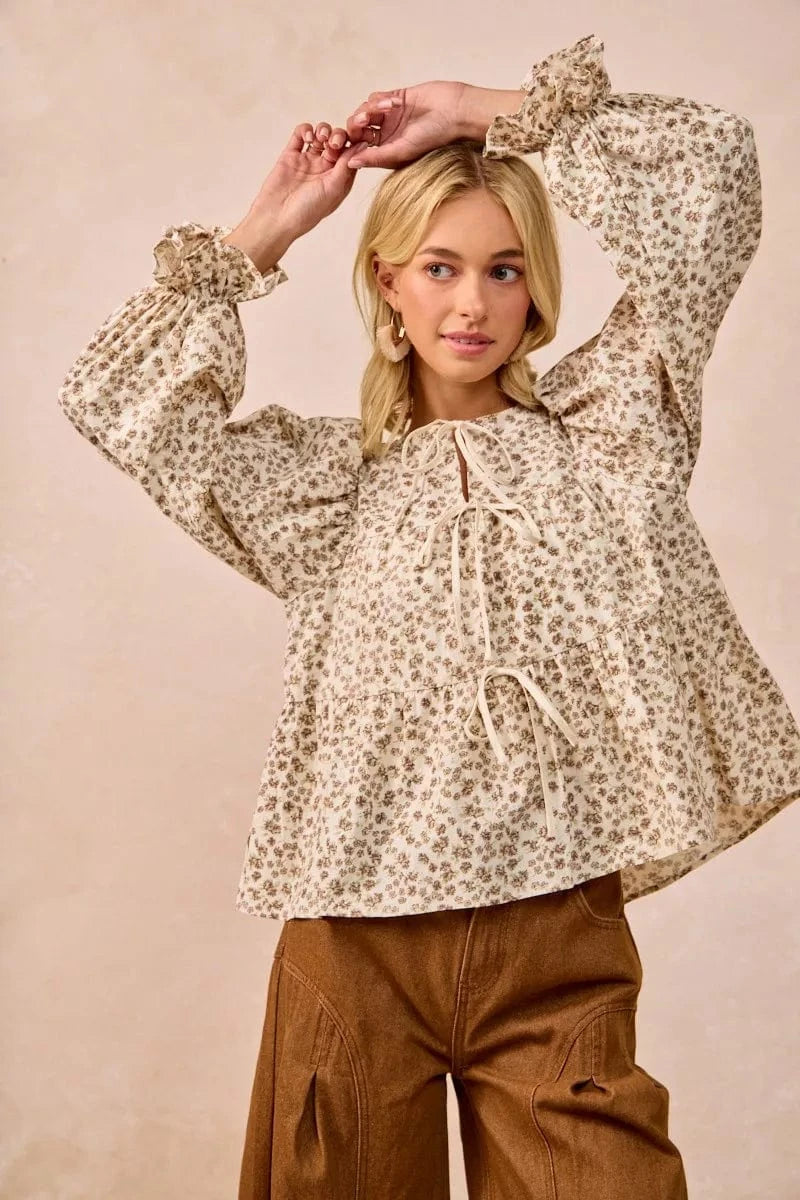 BiBi Floral Printed Peplum Blouse with Shirring and Tied - Fashorio