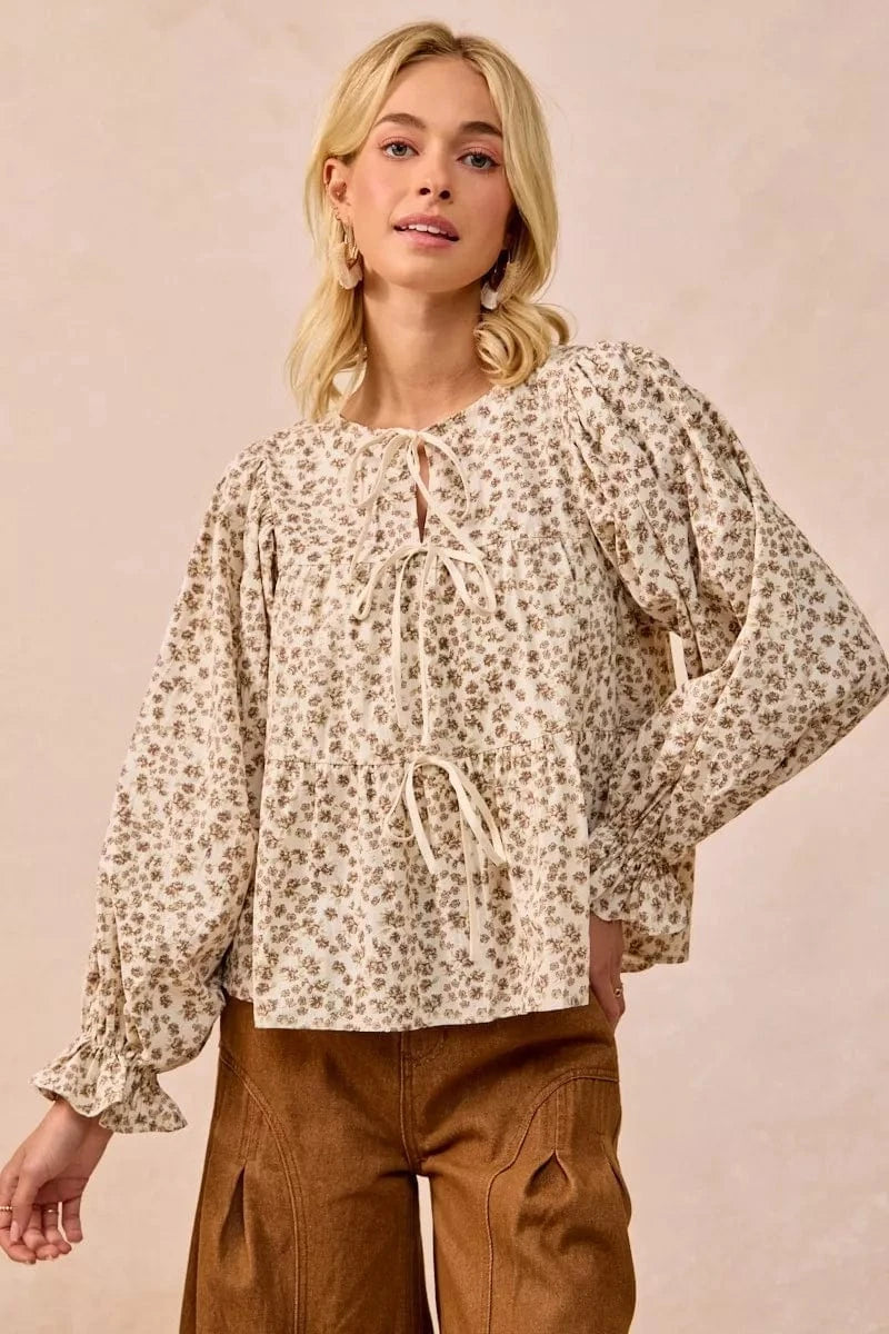 BiBi Floral Printed Peplum Blouse with Shirring and Tied - Fashorio