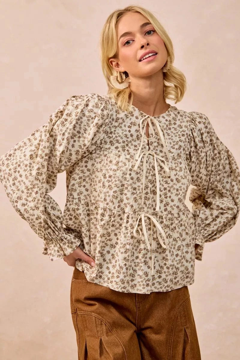 BiBi Floral Printed Peplum Blouse with Shirring and Tied - Fashorio