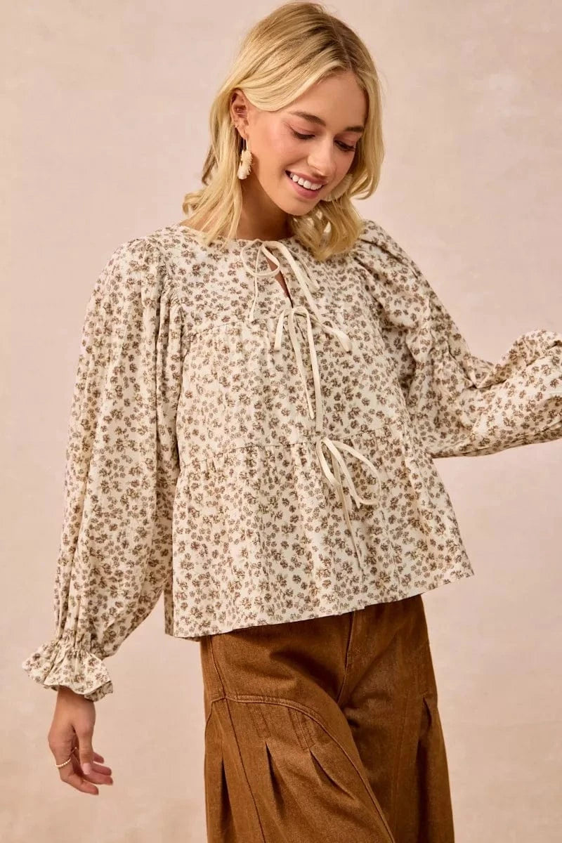 BiBi Floral Printed Peplum Blouse with Shirring and Tied - Fashorio