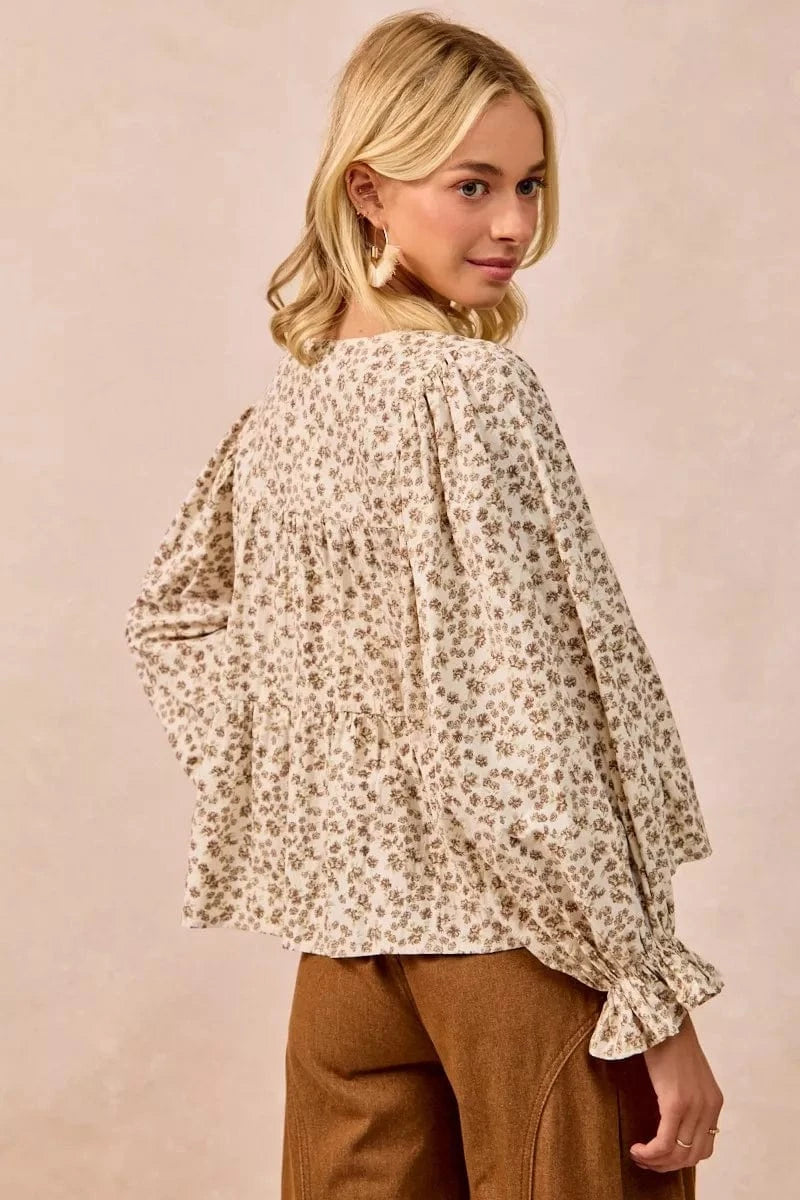 BiBi Floral Printed Peplum Blouse with Shirring and Tied - Fashorio