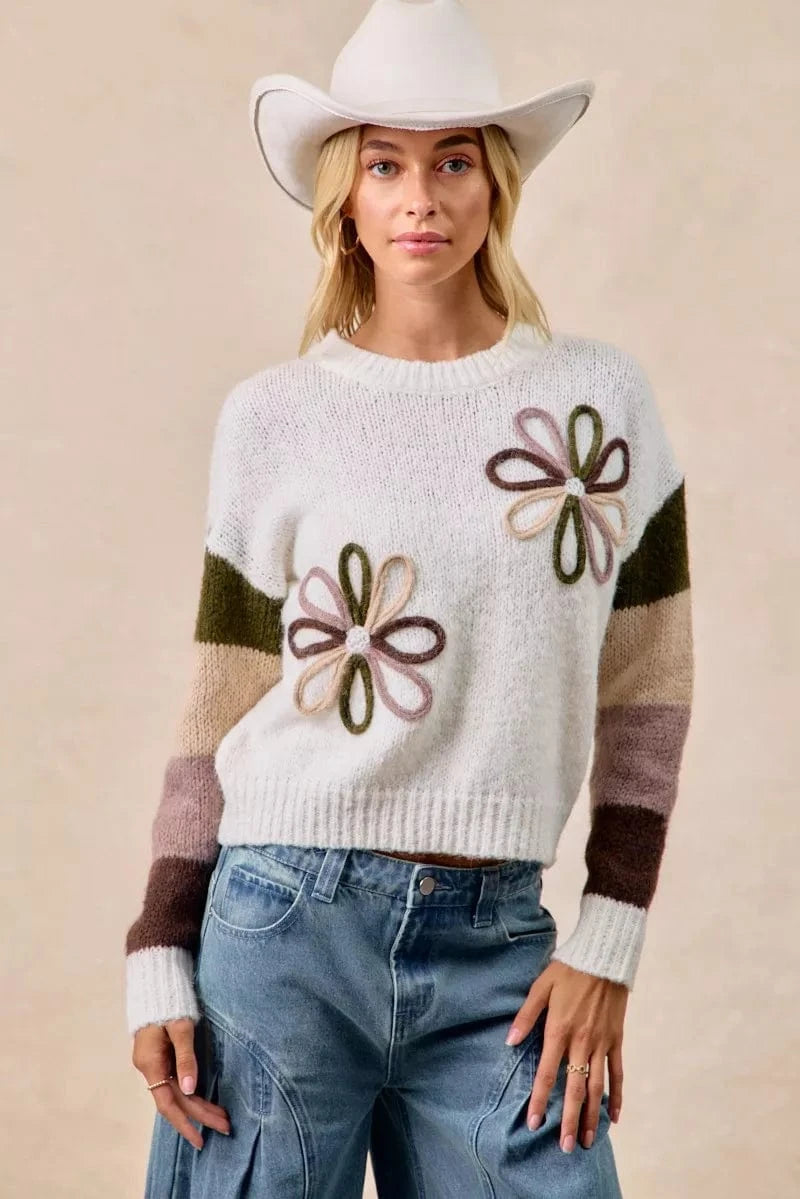BiBi Flower Color Block Sweater - Fashorio