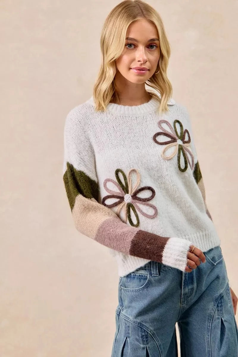 BiBi Flower Color Block Sweater - Fashorio