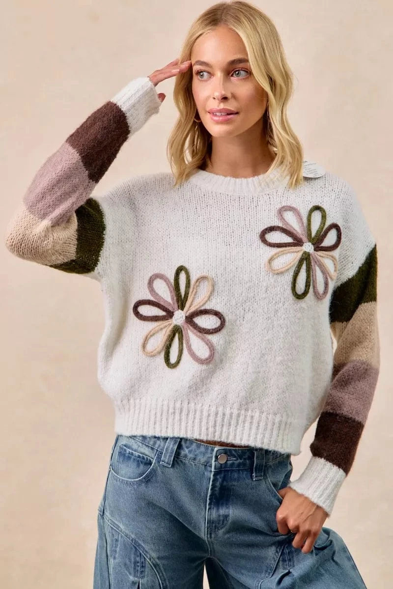 BiBi Flower Color Block Sweater - Fashorio