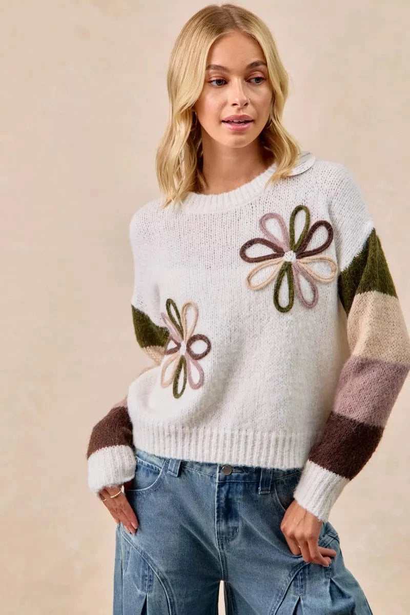 BiBi Flower Color Block Sweater - Fashorio