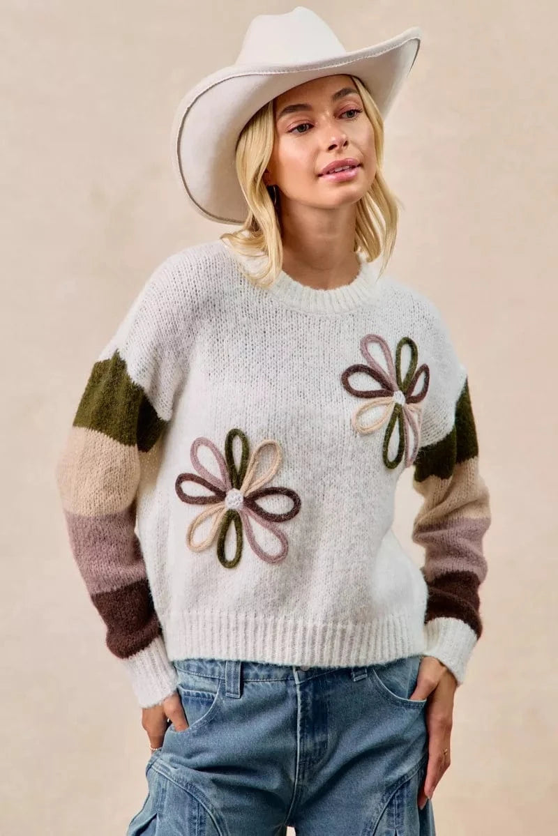 BiBi Flower Color Block Sweater - Fashorio