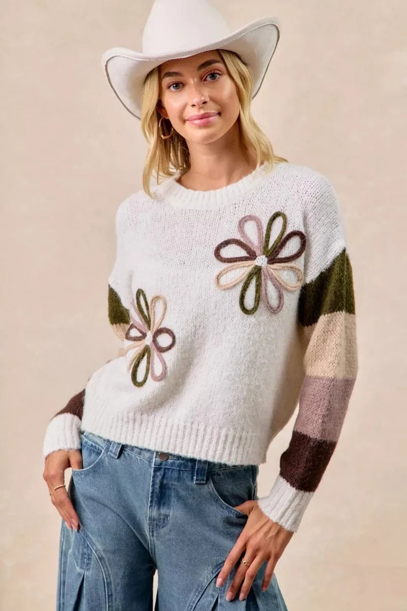BiBi Flower Color Block Sweater - Fashorio