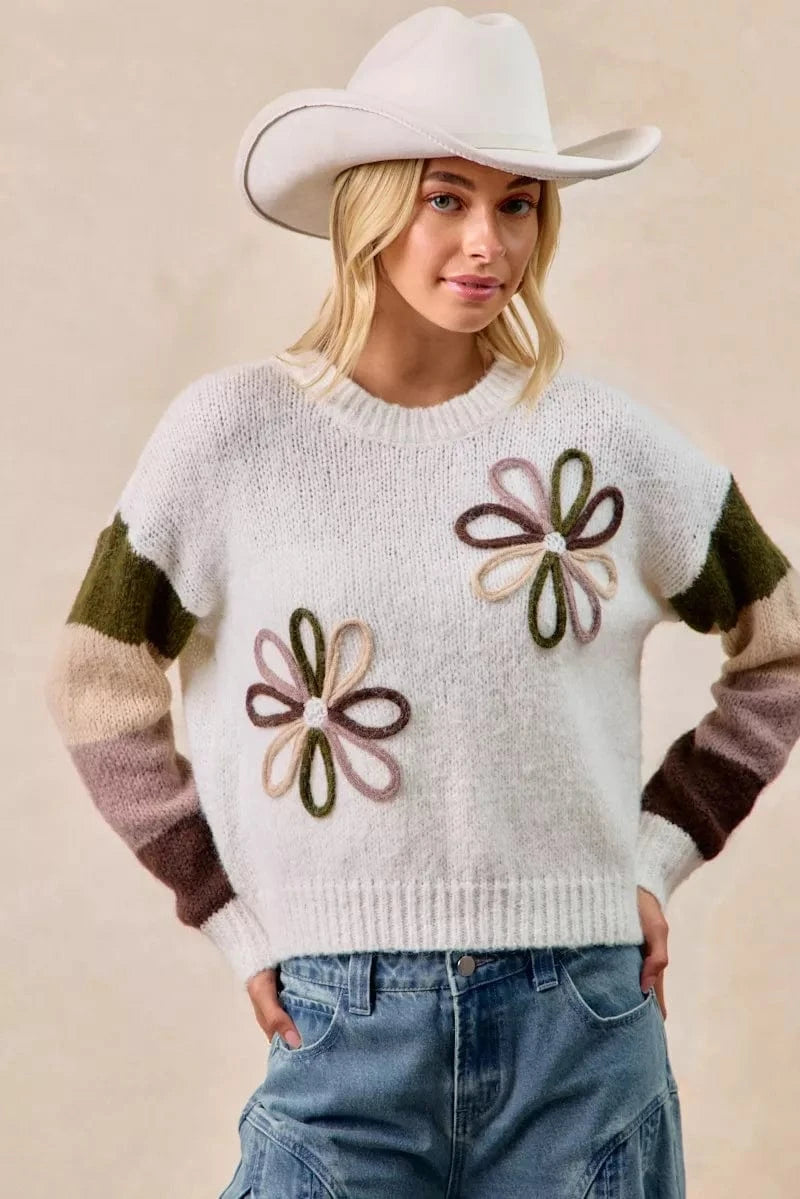 BiBi Flower Color Block Sweater - Fashorio
