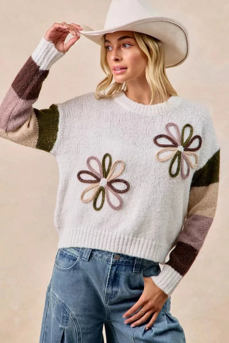 BiBi Flower Color Block Sweater - Fashorio