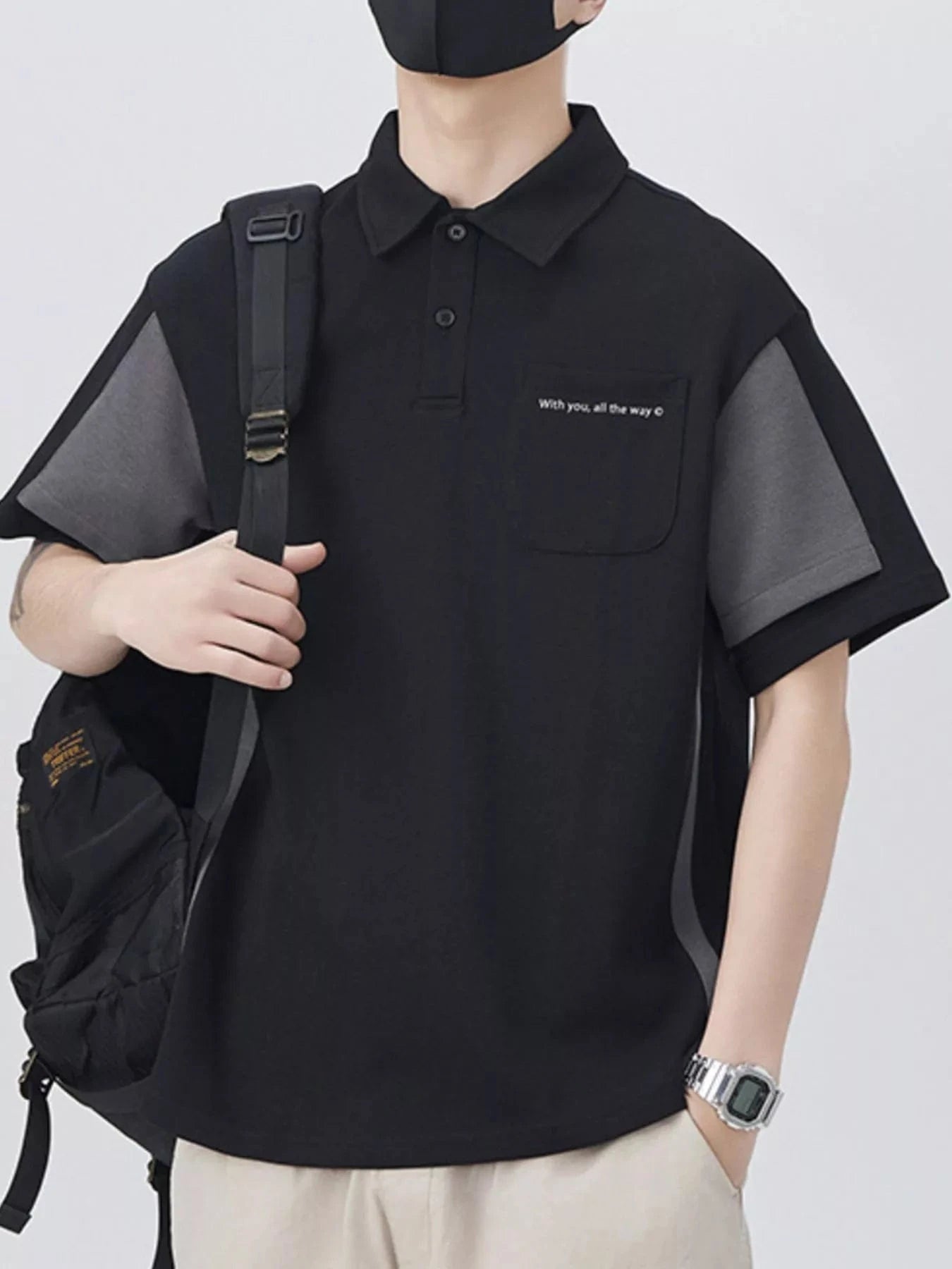 Men's Plus Size Button Detail Short Sleeve Polo Black - Fashorio