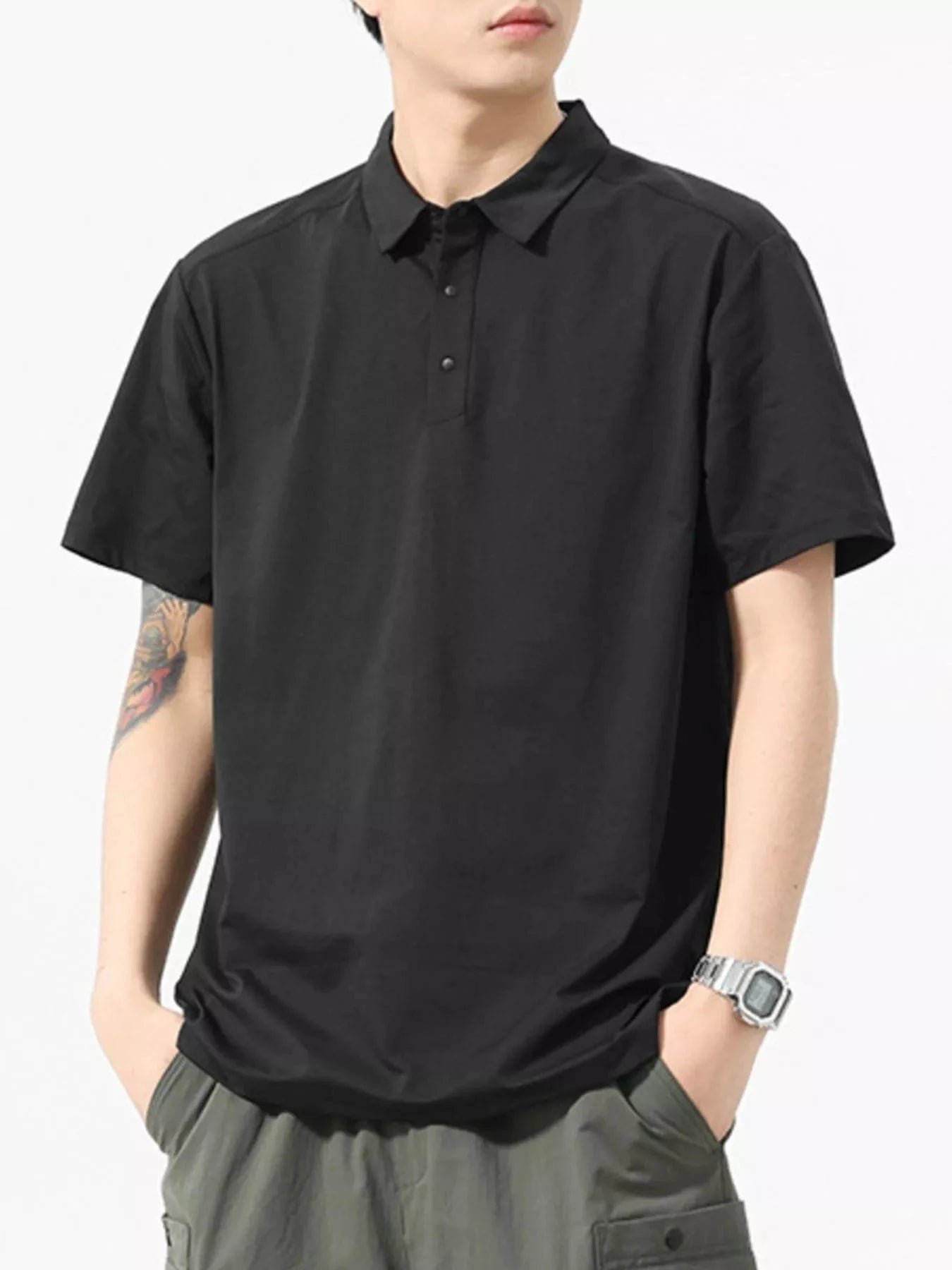 Men's Full Size Button Detail Short Sleeve Polo Plus Size Black - Fashorio