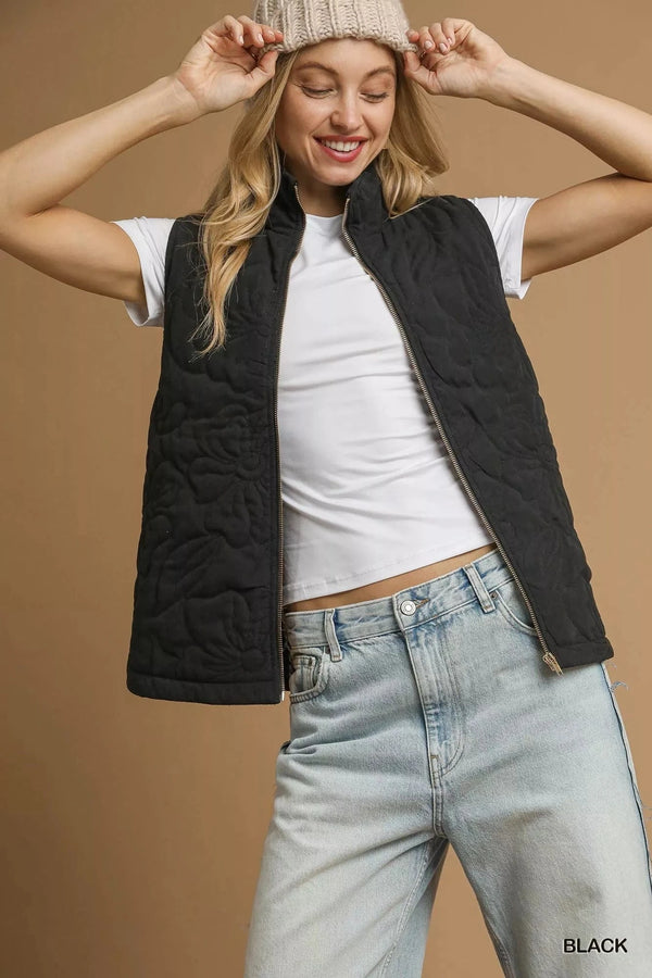 Umgee Quilted Floral Zip Up Vest with Pockets Black - Fashorio