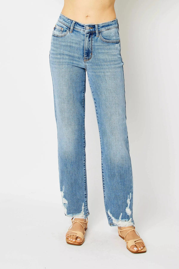 Plus Size High Waist Straight Jeans – Distressed Raw Hem Denim Blue - Fashorio