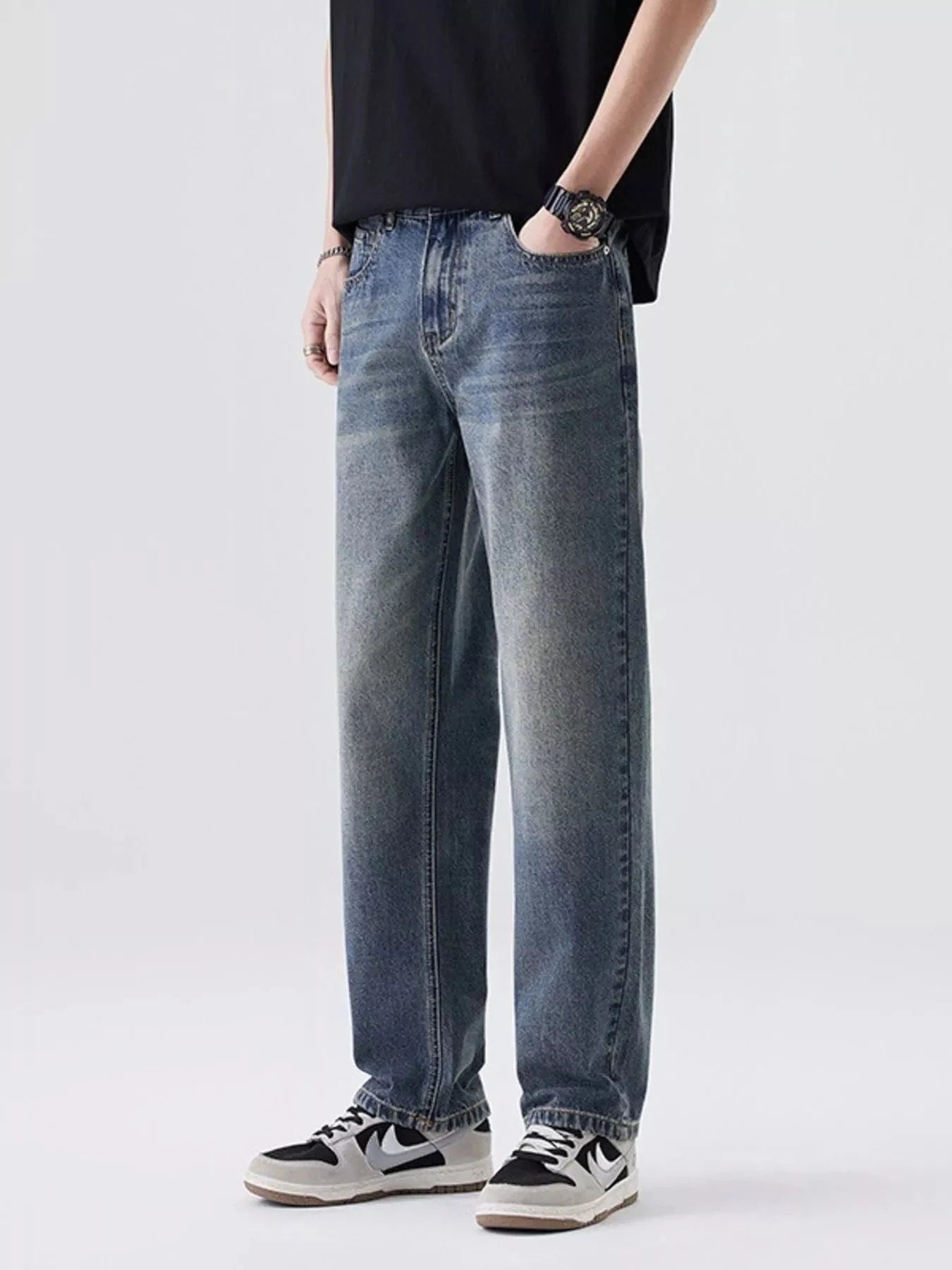 Men’s Relaxed Fit Vintage Wash Jeans – Classic Casual Denim Blue - Fashorio