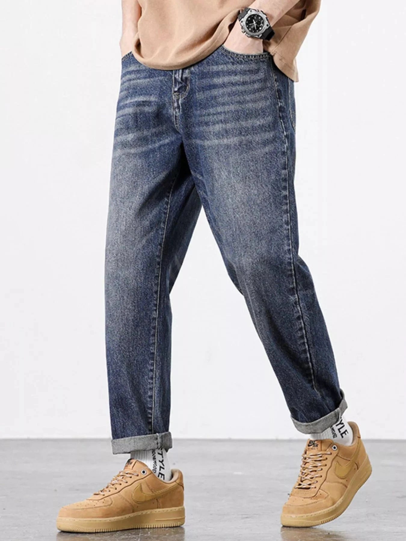 Men’s Straight Fit Jeans – Washed Cotton Stretch Denim Blue - Fashorio