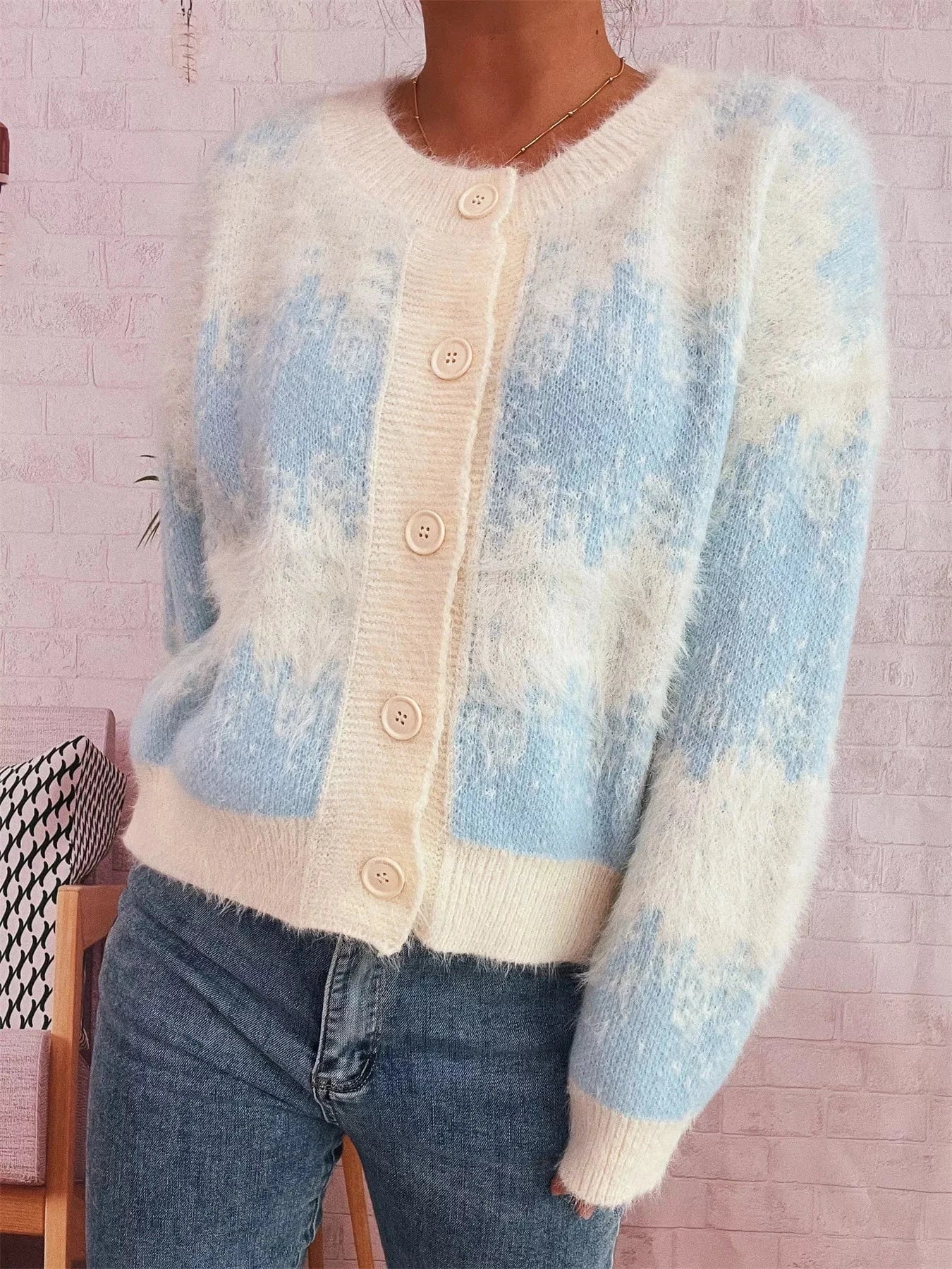 Ribbed Hem Button Up Cardigan Blue One Size - Fashorio