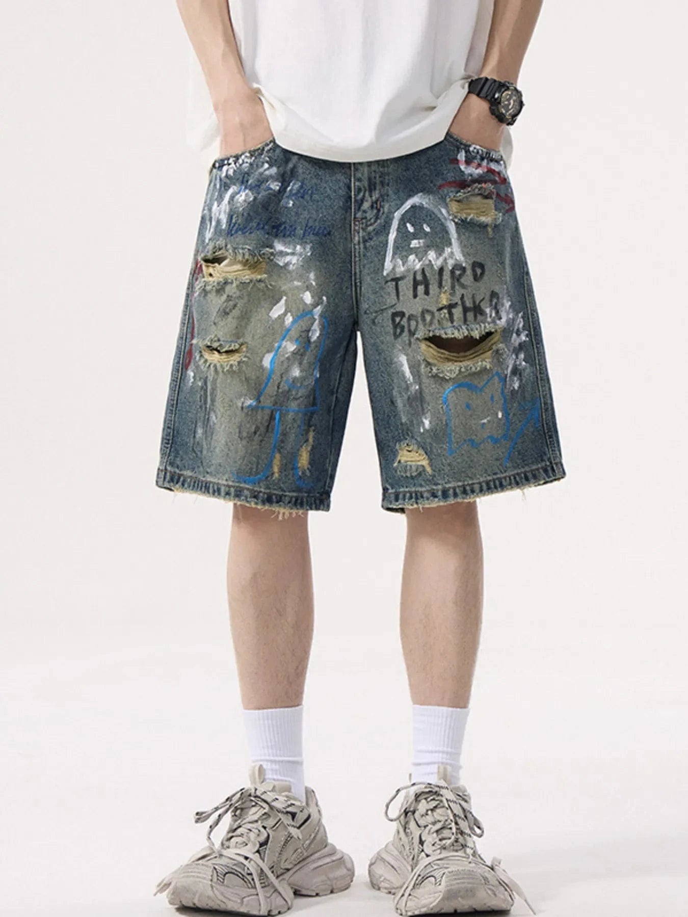 Men's Distressed Graffiti Denim Shorts Blue - Fashorio