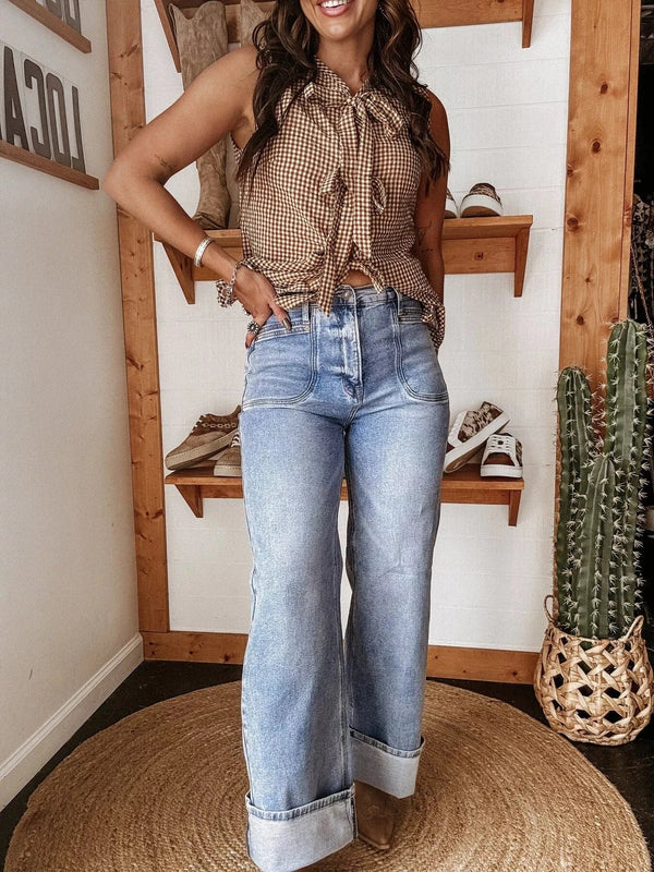 Wide Leg Wash Jeans – Relaxed Fit Denim with Pockets Blue - Fashorio