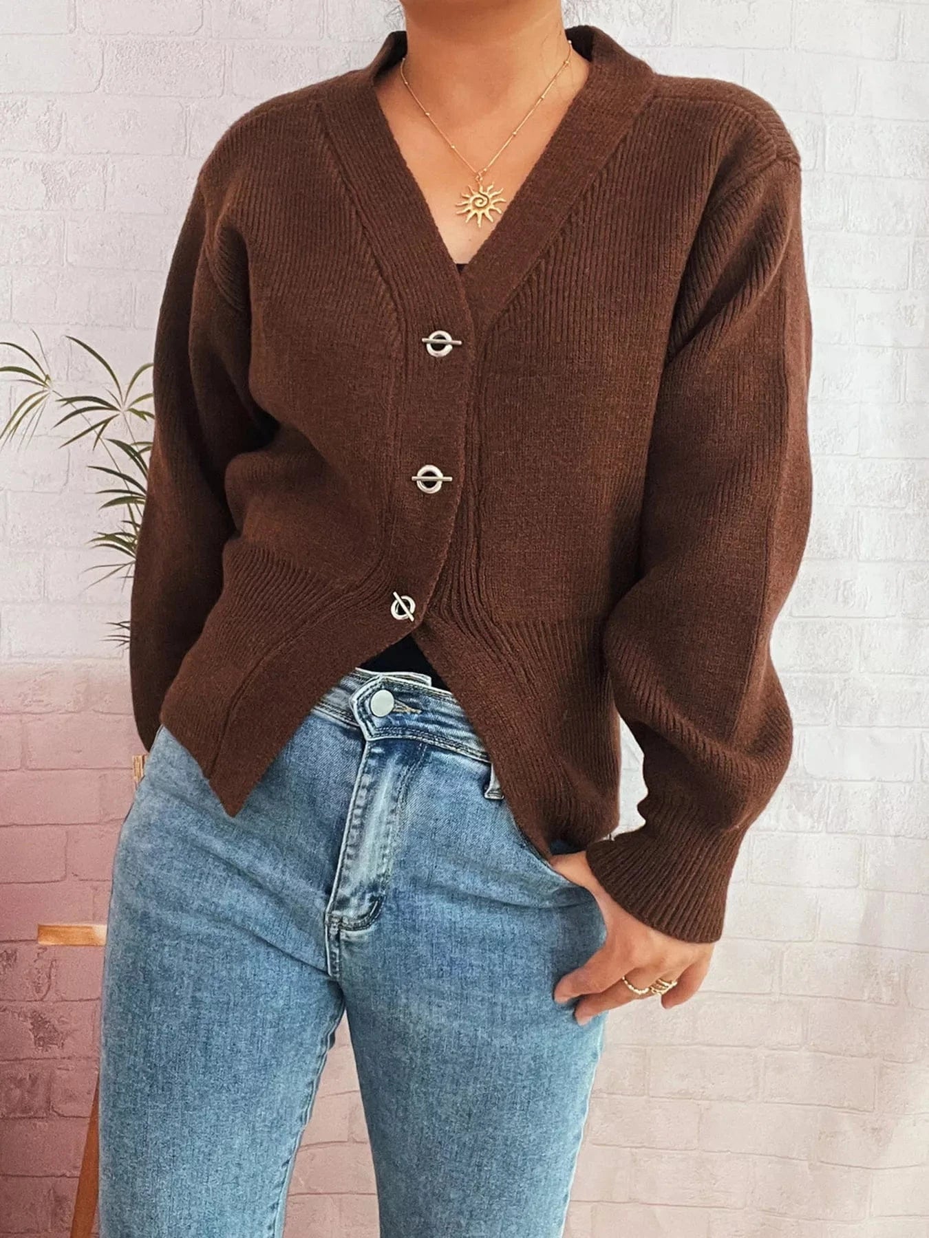 Button Up Long Sleeve Cardigan Brown One Size - Fashorio