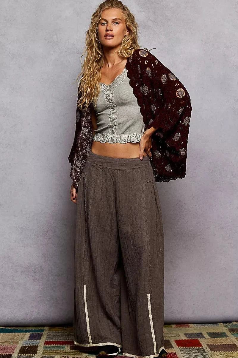 POL Openwork V-Neck Chenille Cardigan with Contrast Floral - Fashorio