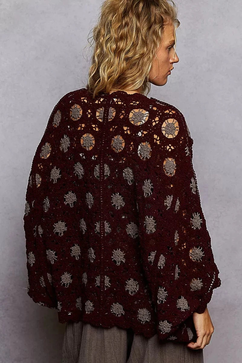 POL Openwork V-Neck Chenille Cardigan with Contrast Floral - Fashorio