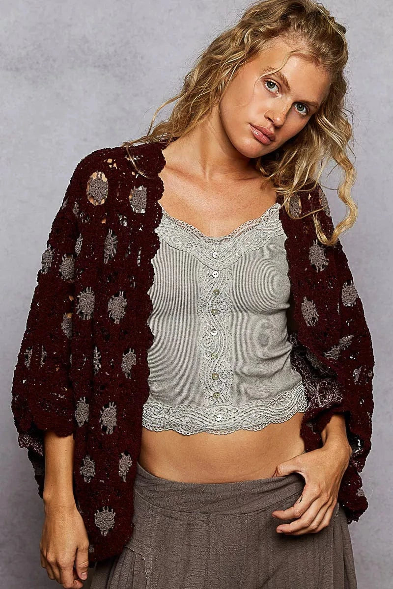 POL Openwork V-Neck Chenille Cardigan with Contrast Floral - Fashorio