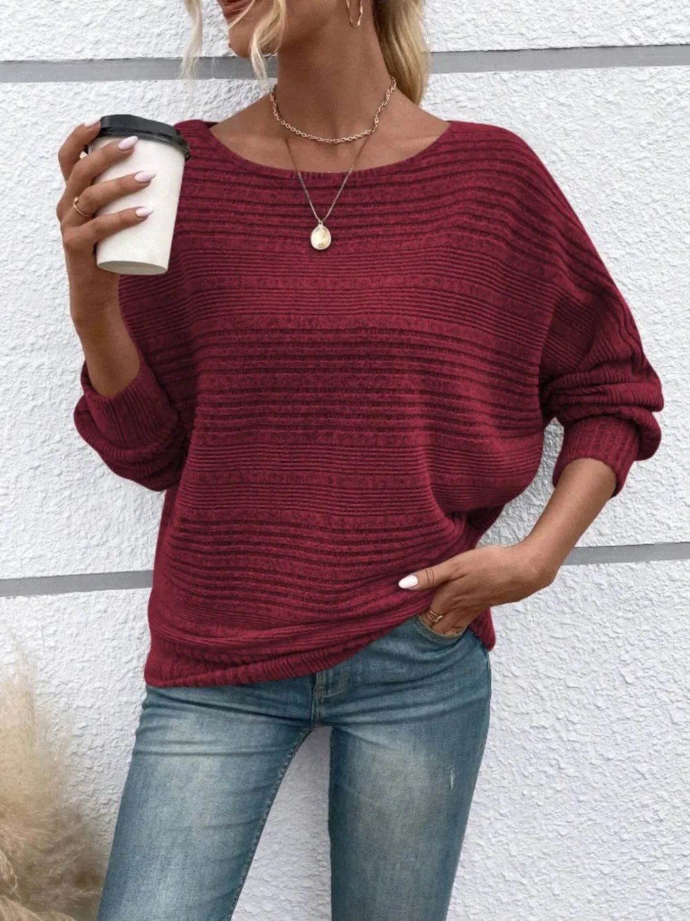 Full Size Round Neck Long Sleeve Top Burgundy - Fashorio