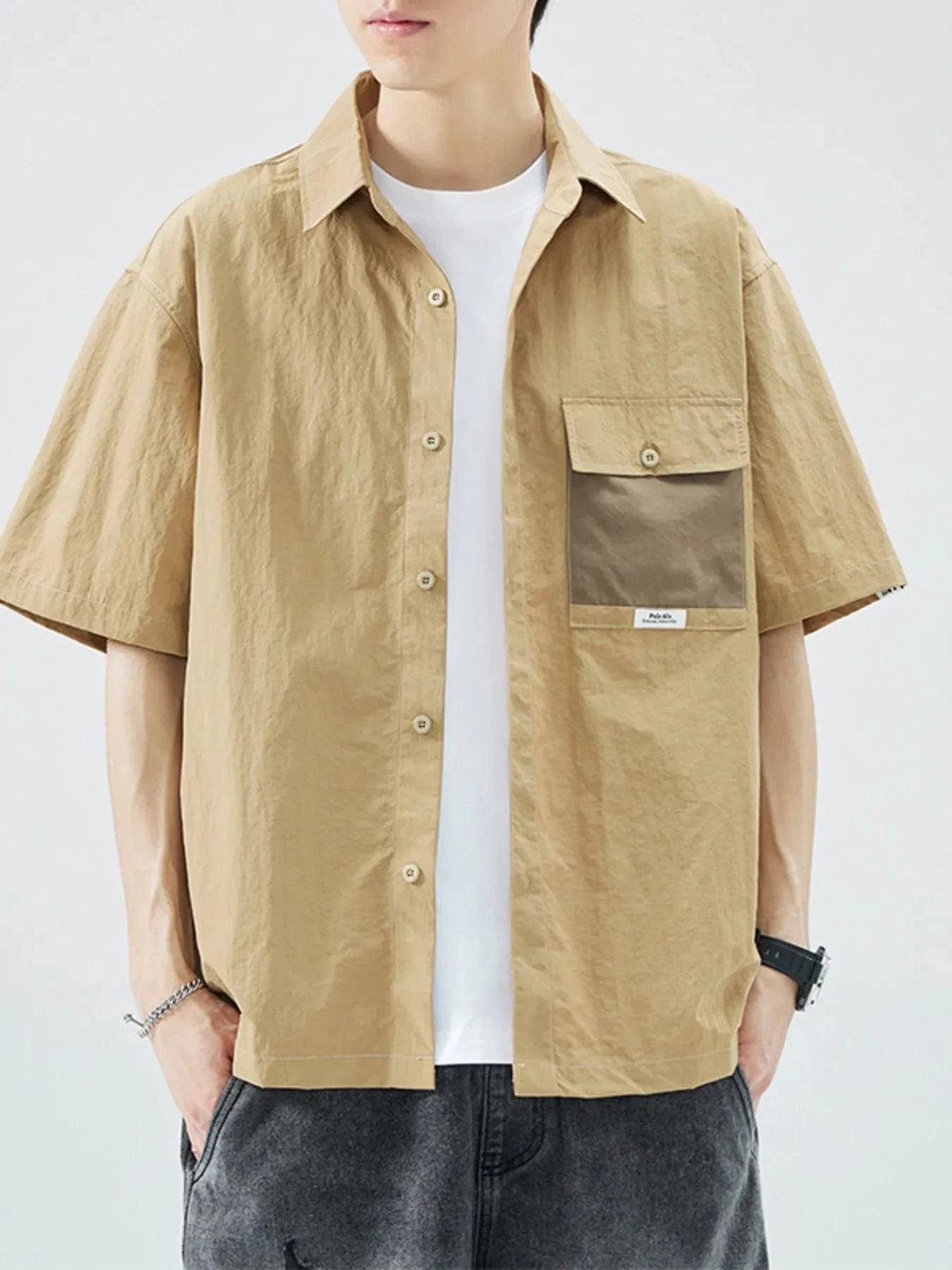 Men's Plus Size Button Up Short Sleeve Shirt Camel - Fashorio