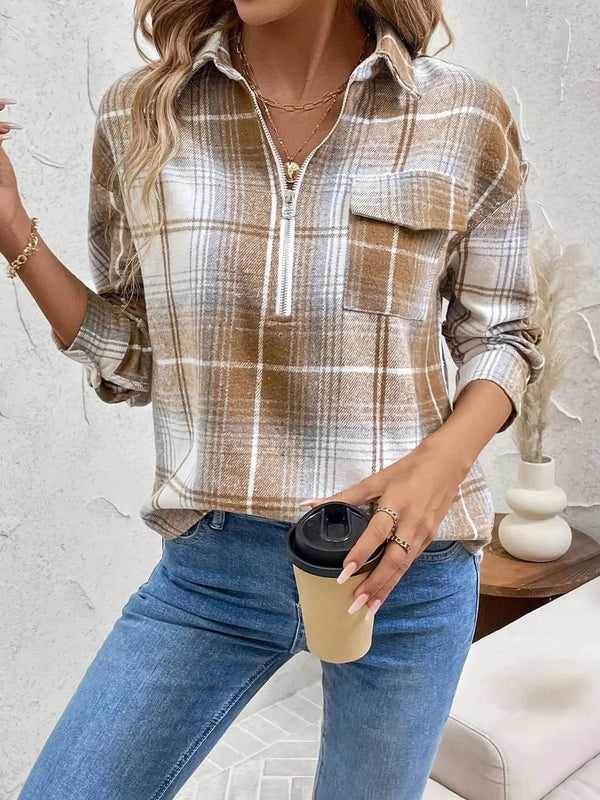 Plaid Collared Neck Half Zip Long Sleeve Top Camel - Fashorio
