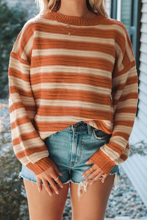 Striped Oversized Dropped Shoulder Sweater Camel - Fashorio