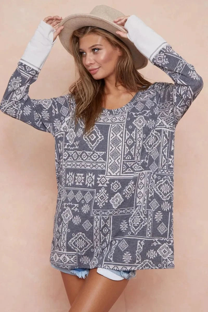 BiBi Aztec Print French Terry Top with Thumb Opening CHARCOAL COMBO - Fashorio
