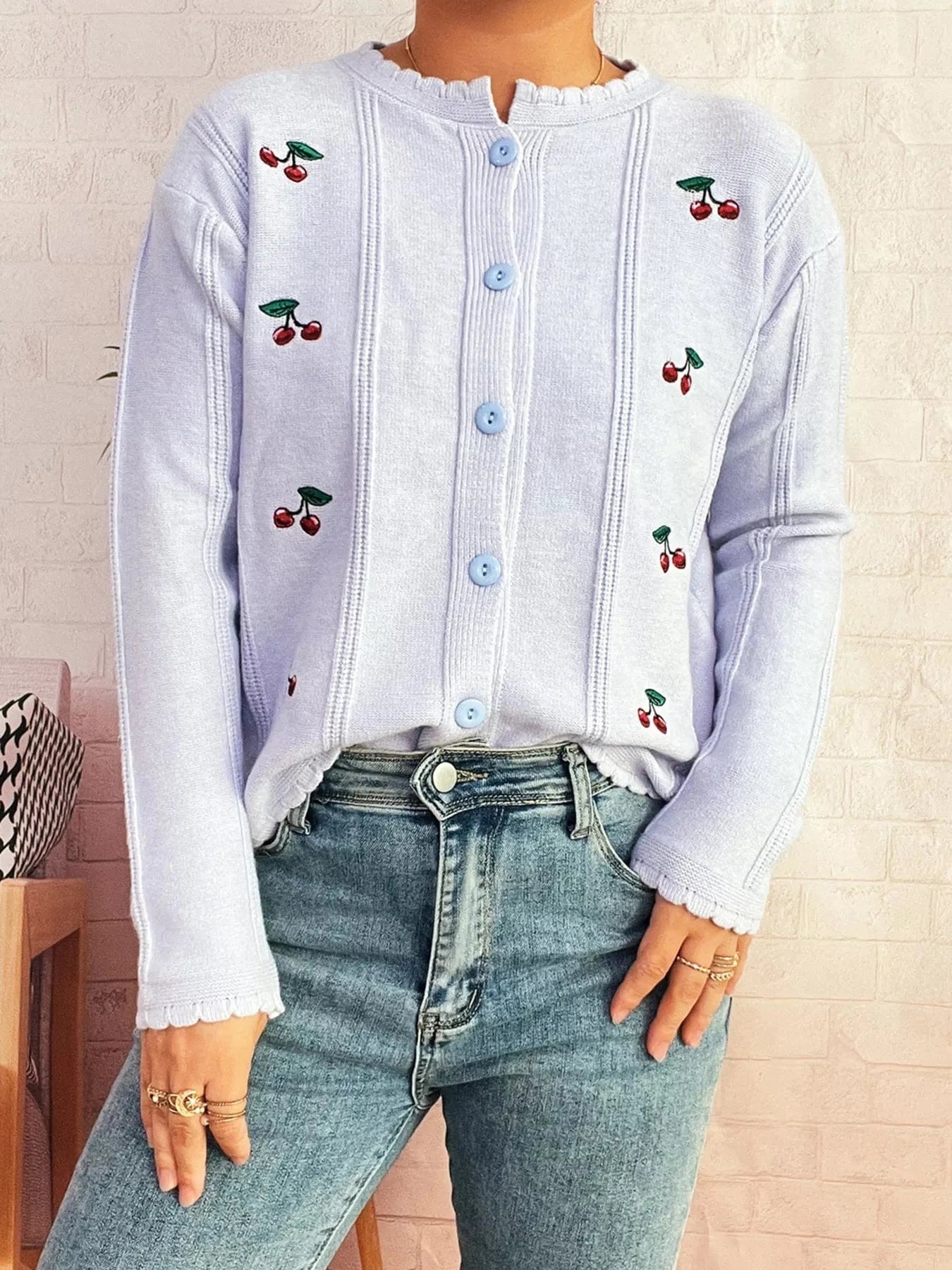 Cherry Embroidered Button Up Cardigan - Fashorio