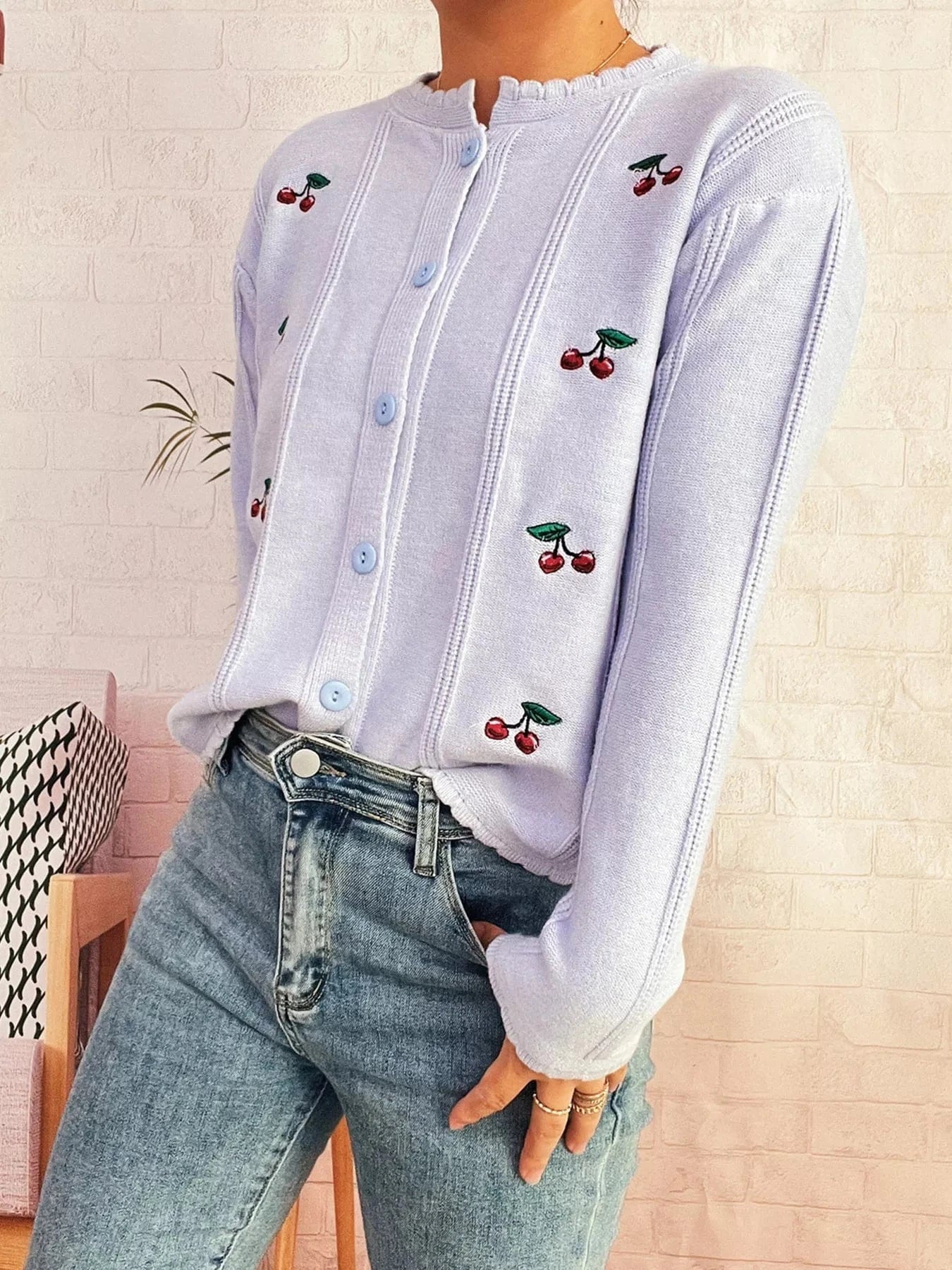 Cherry Embroidered Button Up Cardigan - Fashorio