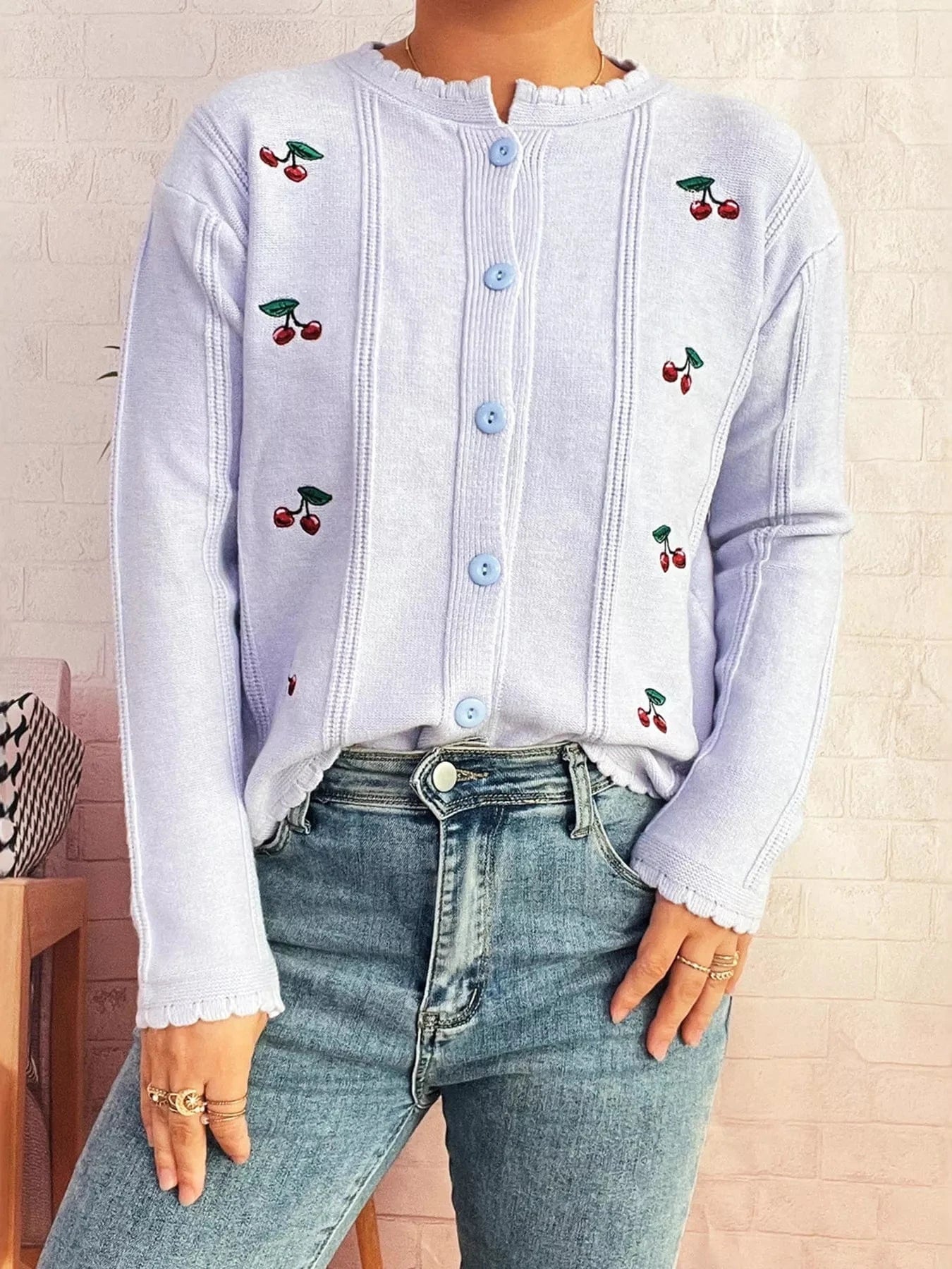 Cherry Embroidered Button Up Cardigan - Fashorio