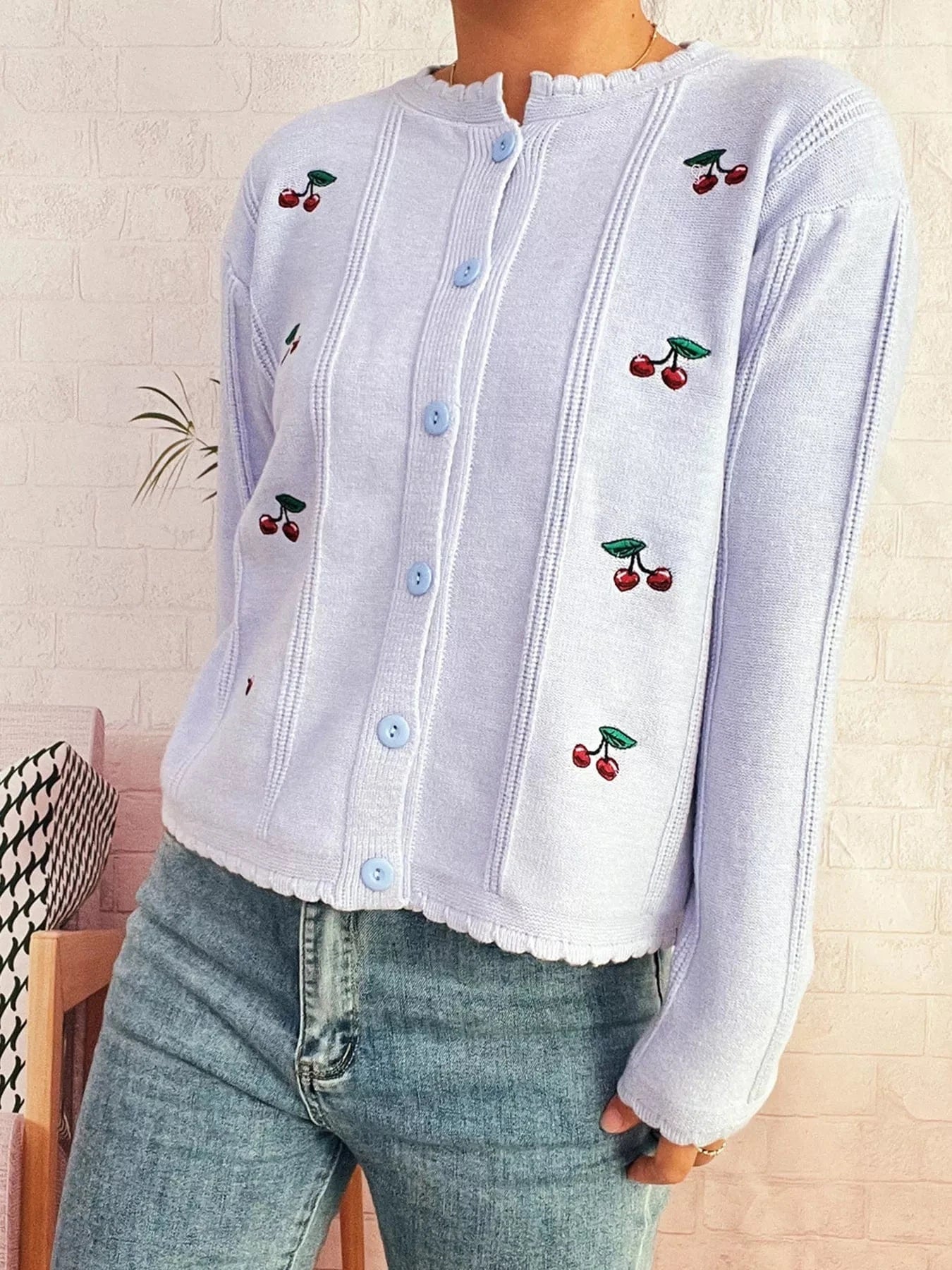 Cherry Embroidered Button Up Cardigan - Fashorio