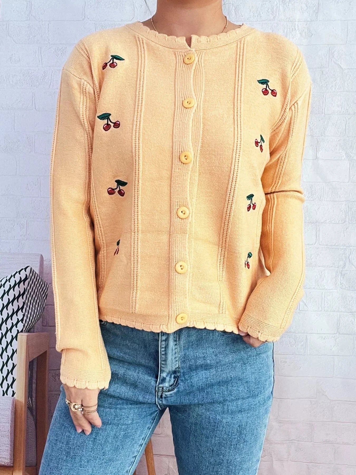 Cherry Embroidered Button Up Cardigan - Fashorio
