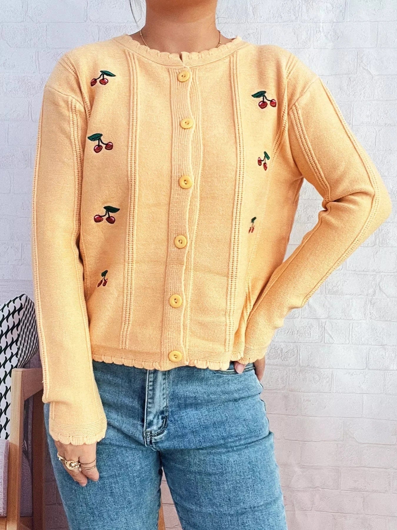 Cherry Embroidered Button Up Cardigan - Fashorio